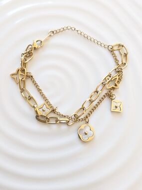 18k Gold Plated Multi-Chain Charm Bracelet with Floral Accents